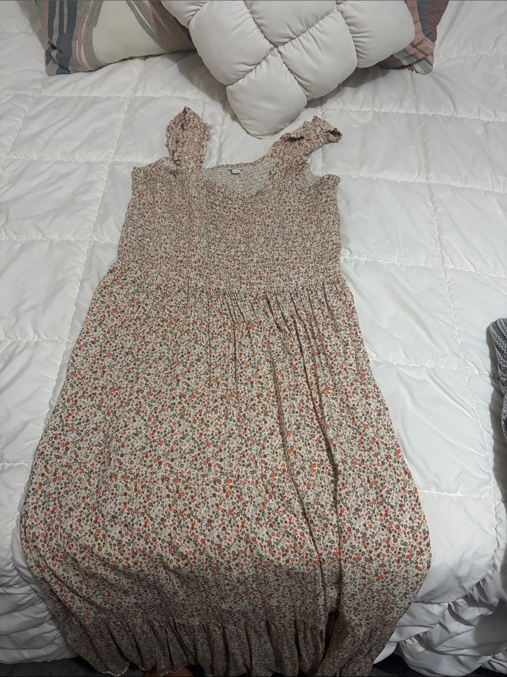 aerie Beige Floral Smocked Sundress with Coral Accents
